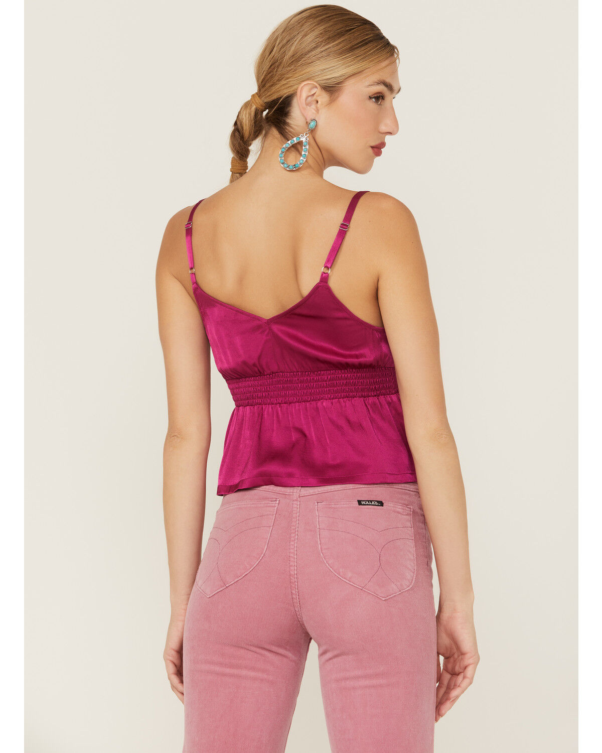 Image #3 - Shyanne Women's Fuchsia Satin Smocked Empire Cami, Fuchsia, hi-res