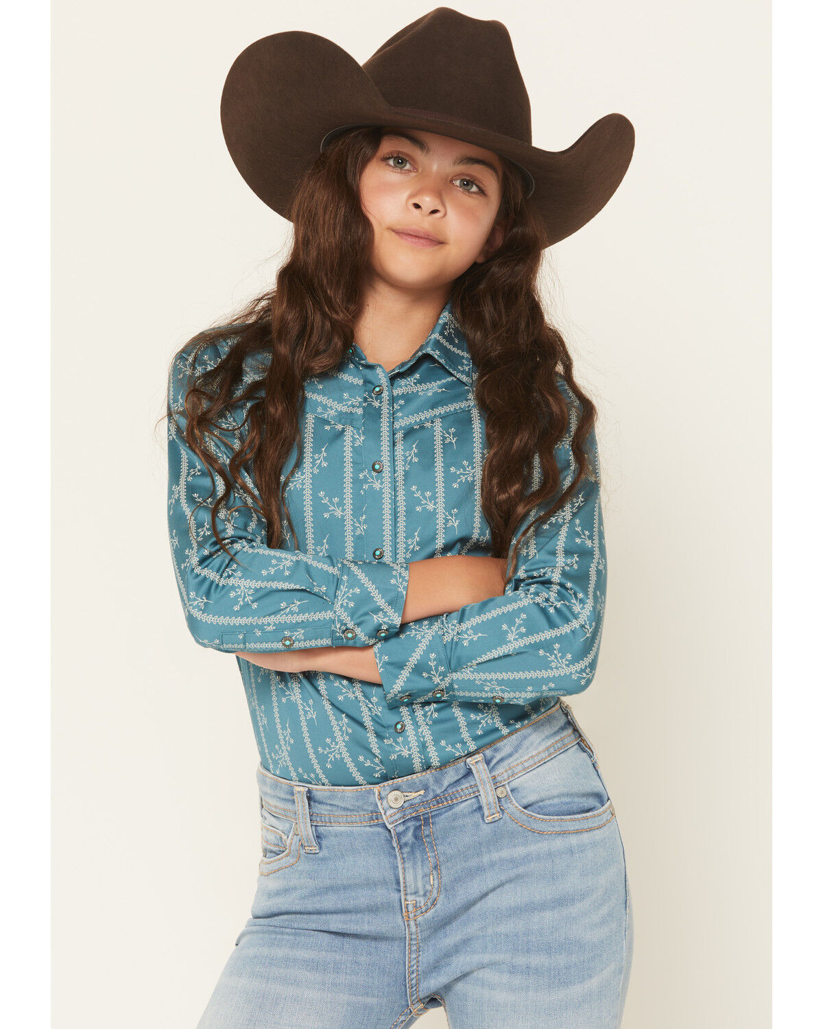 Image #1 - Shyanne Girls' Wallpaper Print Long Sleeve Snap Stretch Western Shirt, Turquoise, hi-res
