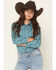 Image #1 - Shyanne Girls' Wallpaper Print Long Sleeve Snap Stretch Western Shirt, Turquoise, hi-res