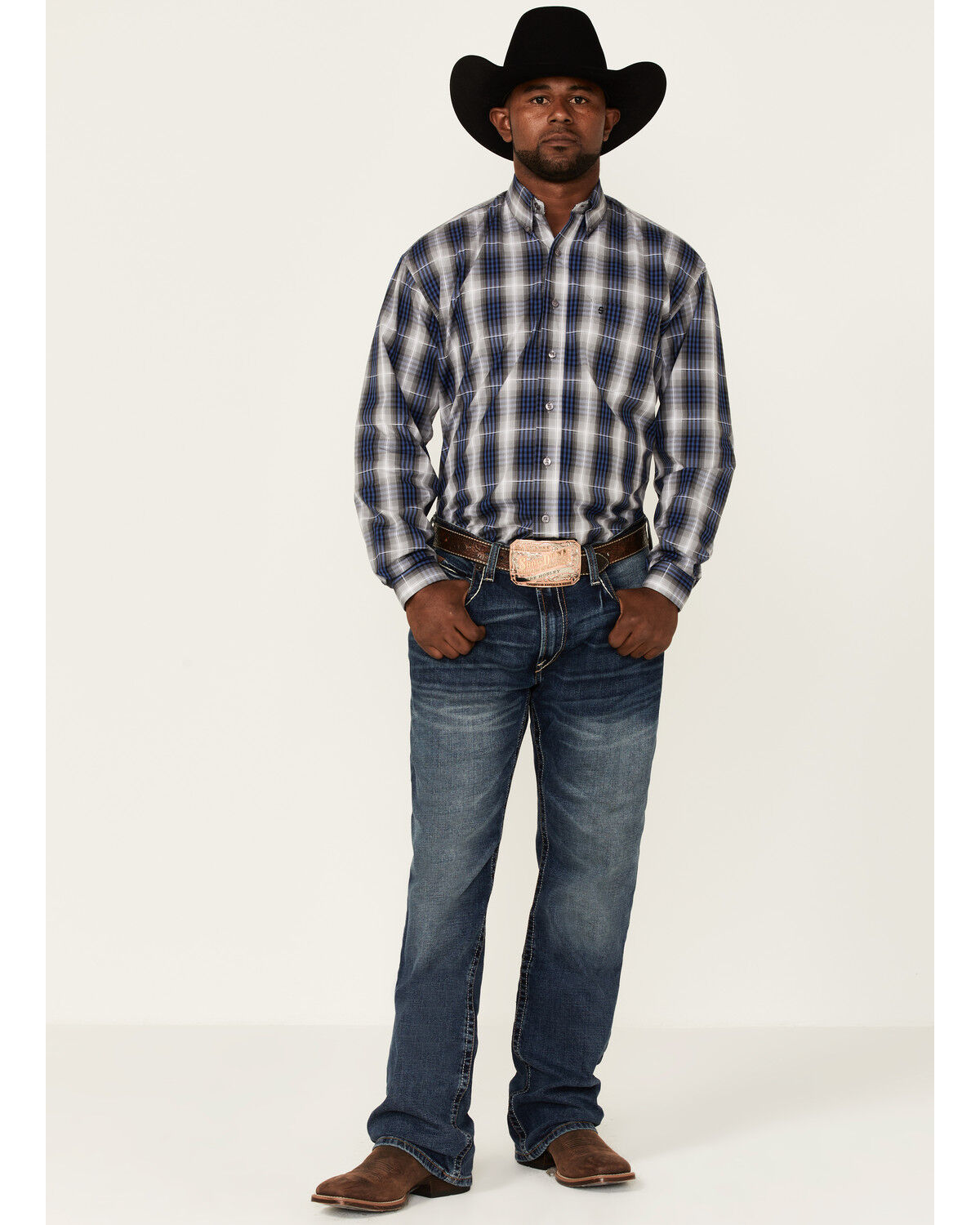 Image #2 - Stetson Men's Checkered Ombre Plaid Print Long Sleeve Button Down Western Shirt, Blue, hi-res