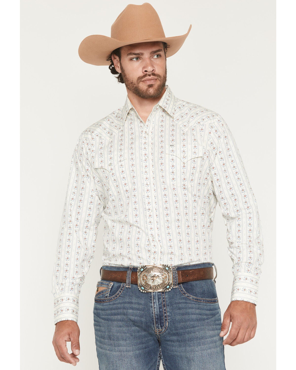 Ely Walker Men's Wallpaper Floral Stripe Print Long Sleeve Snap Western Shirt, Cream, hi-res