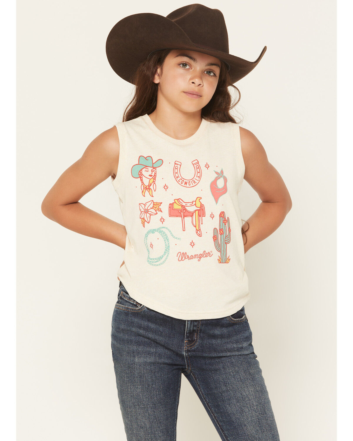Image #1 - Wrangler Girls' Western Conversation Print Sleeveless Graphic Tee, Cream, hi-res
