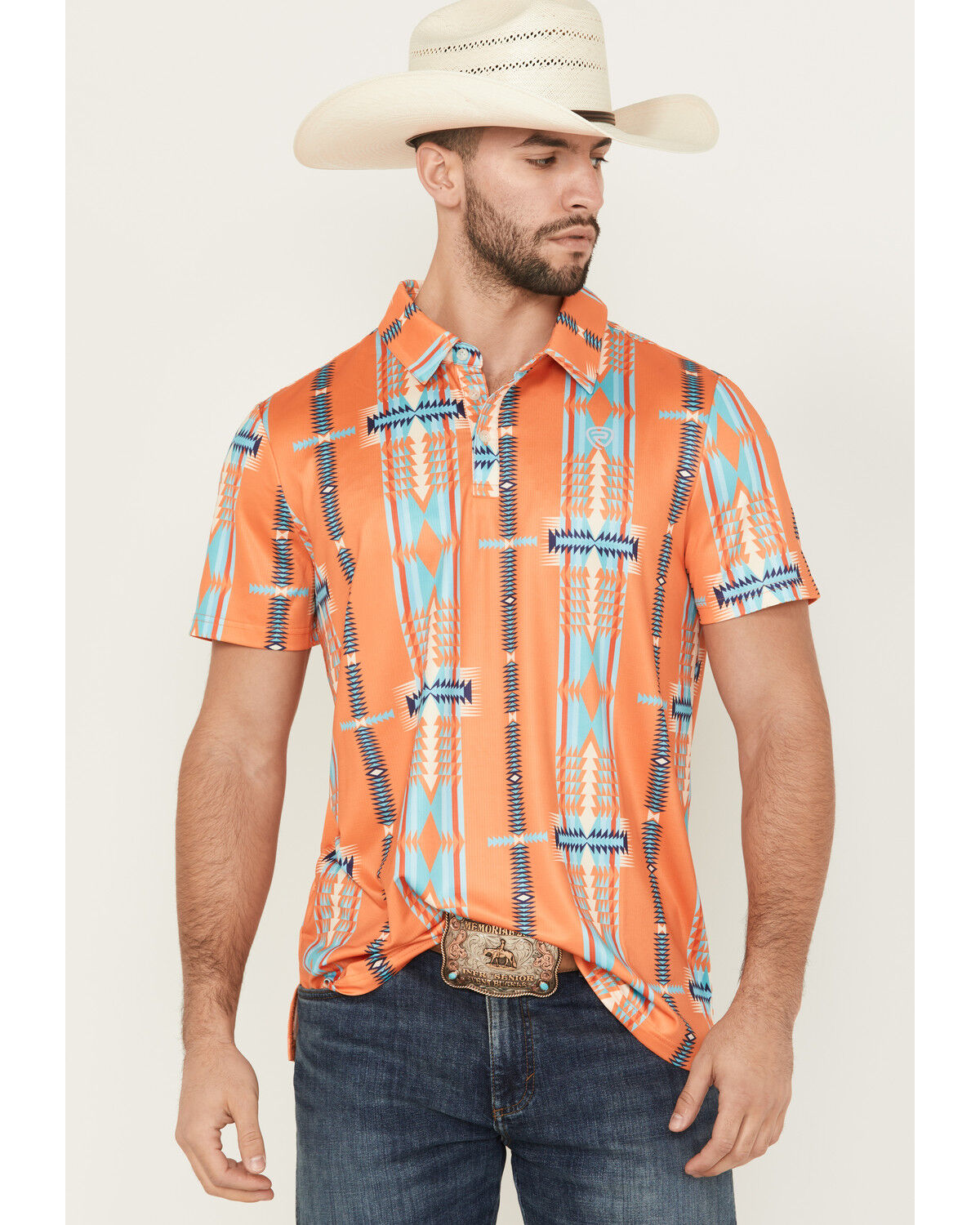 Image #1 - Rock & Roll Denim Men's Boot Barn Exclusive Southwestern Striped Short Sleeve Button-Down Polo, Orange, hi-res