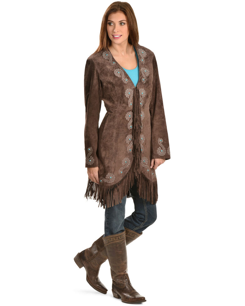 Scully Embroidered Fringe Long Suede Leather Jacket, Brown, hi-res
