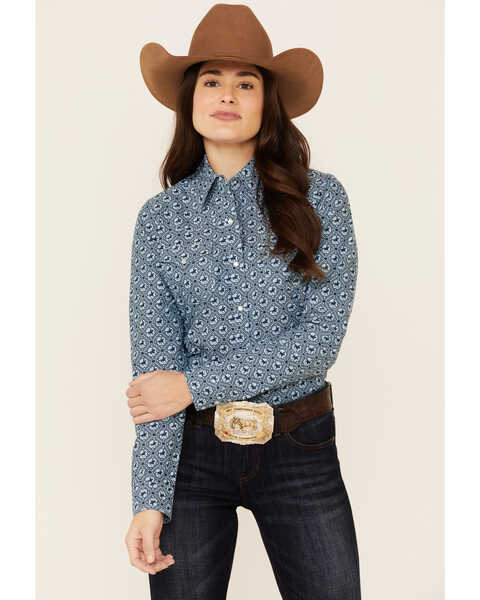 Image #1 - Amarillo Women's Oxford Horse Print Long Sleeve Pearl Snap Western Shirt , Blue, hi-res