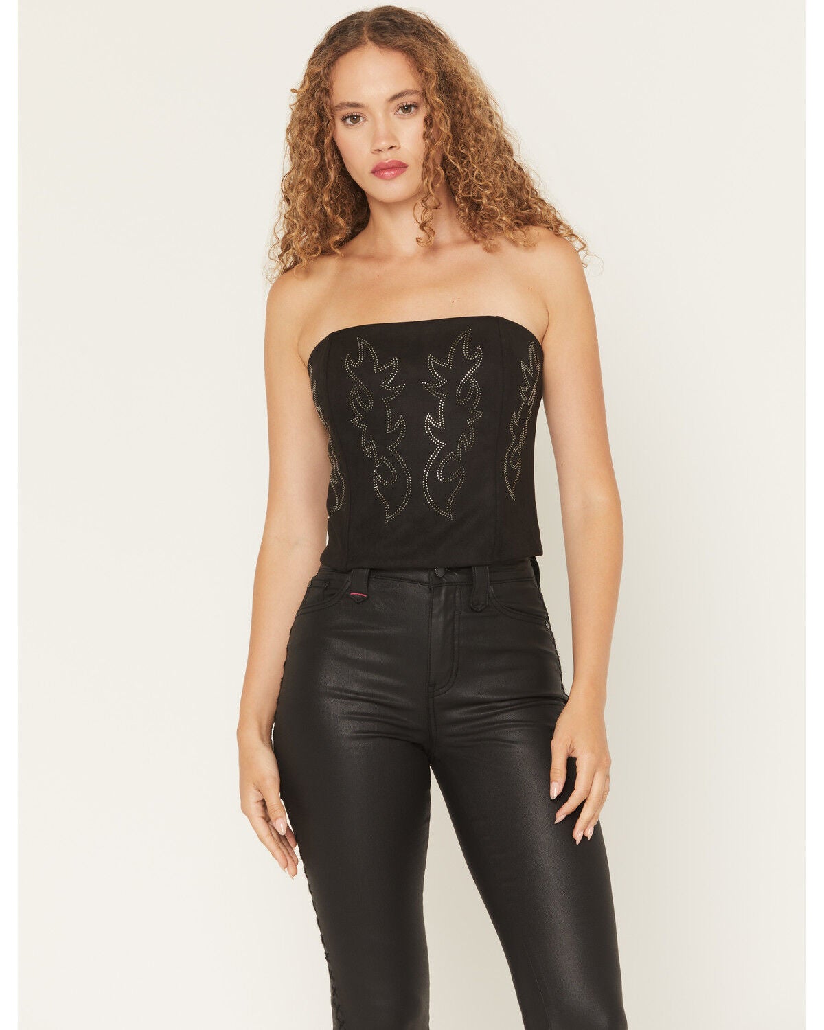 Originality Women's Faux Suede Boot Stitch Corset, Black, hi-res