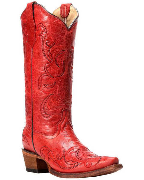 Circle G Red Leather Cowgirl Boots - Snip Toe, Red, hi-res