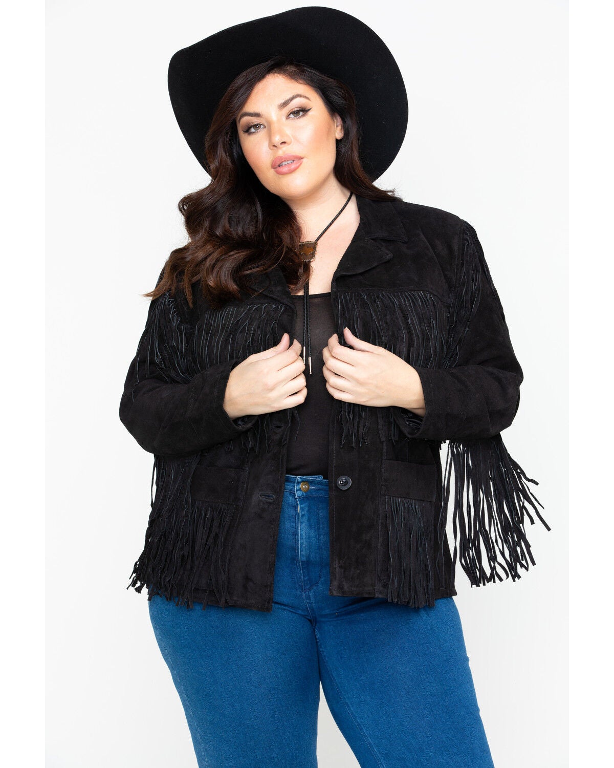 plus size black fringe jacket