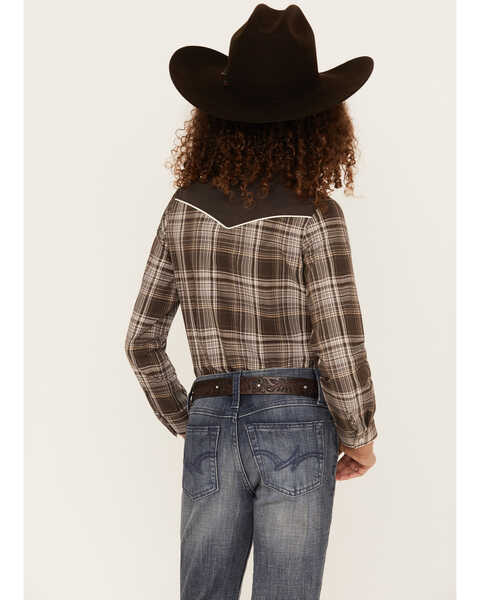 Image #4 - Roper Girls' Horseshoe Plaid Print Long Sleeve Pearl Snap Western Shirt, Brown, hi-res