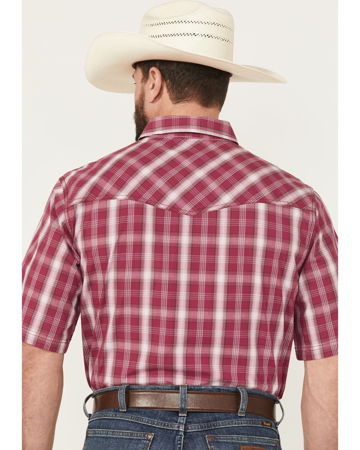 Image #4 - Wrangler 20X Men's Plaid Print Short Sleeve Snap Stretch Western Shirt, Wine, hi-res