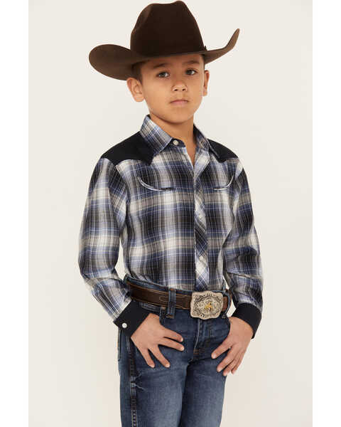 Image #1 - Roper Boys' Plaid Print Long Sleeve Pearl Snap Retro Western Shirt, Blue, hi-res