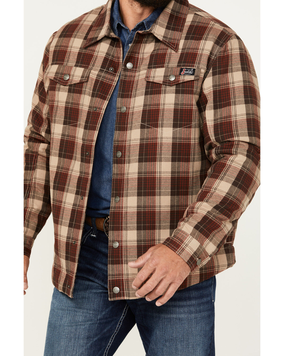 Image #3 - Justin Men's Jackson Plaid Print Snap Shacket, Rust Copper, hi-res