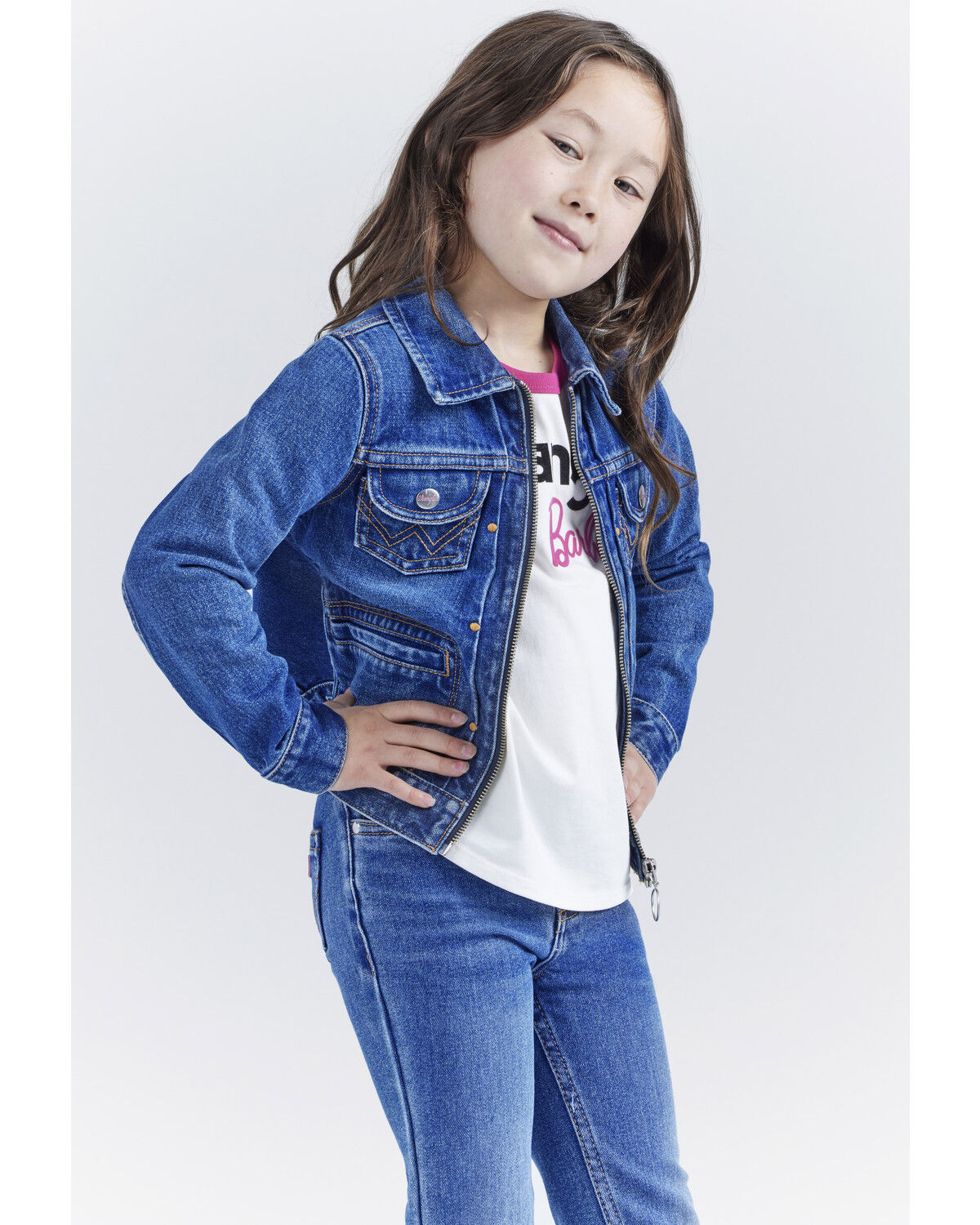 Image #3 - Wrangler® X Barbie™ Girls' Medium Wash Zip-Up Logo Denim Jacket, , hi-res