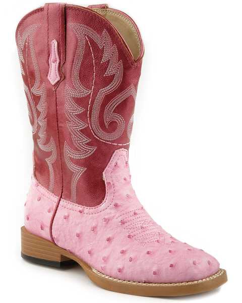 Image #1 - Roper Girls' Ostrich Print Western Boots - Square Toe, Pink, hi-res