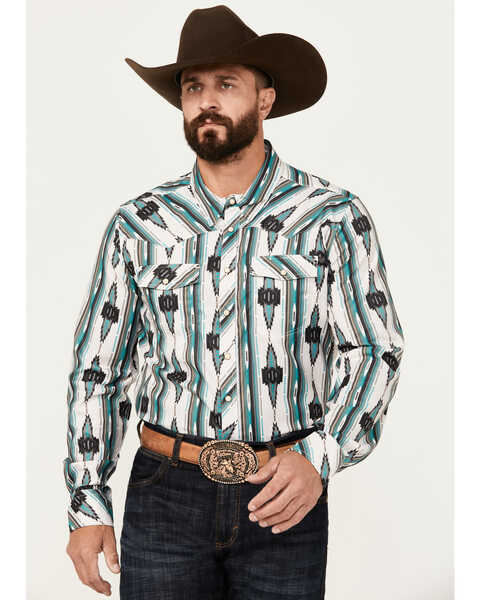 Rock & Roll Denim Men's Southwestern Print Ripstop Long Sleeve Snap Performance Western Shirt, Teal, hi-res