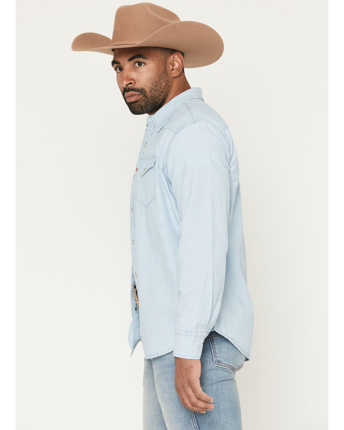 Image #2 - Levi's Men's Light Wash Classic Western Standard Long Sleeve Pearl Snap Western Shirt, Light Wash, hi-res