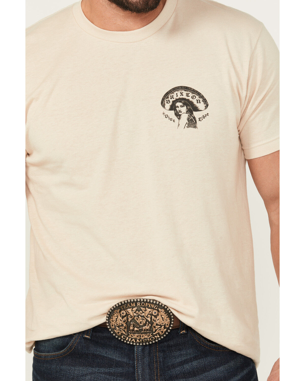 Image #4 - Brixton Men's Boot Barn Exclusive Vive Libre Mariachi Girl Short Sleeve Graphic T-Shirt, Sand, hi-res