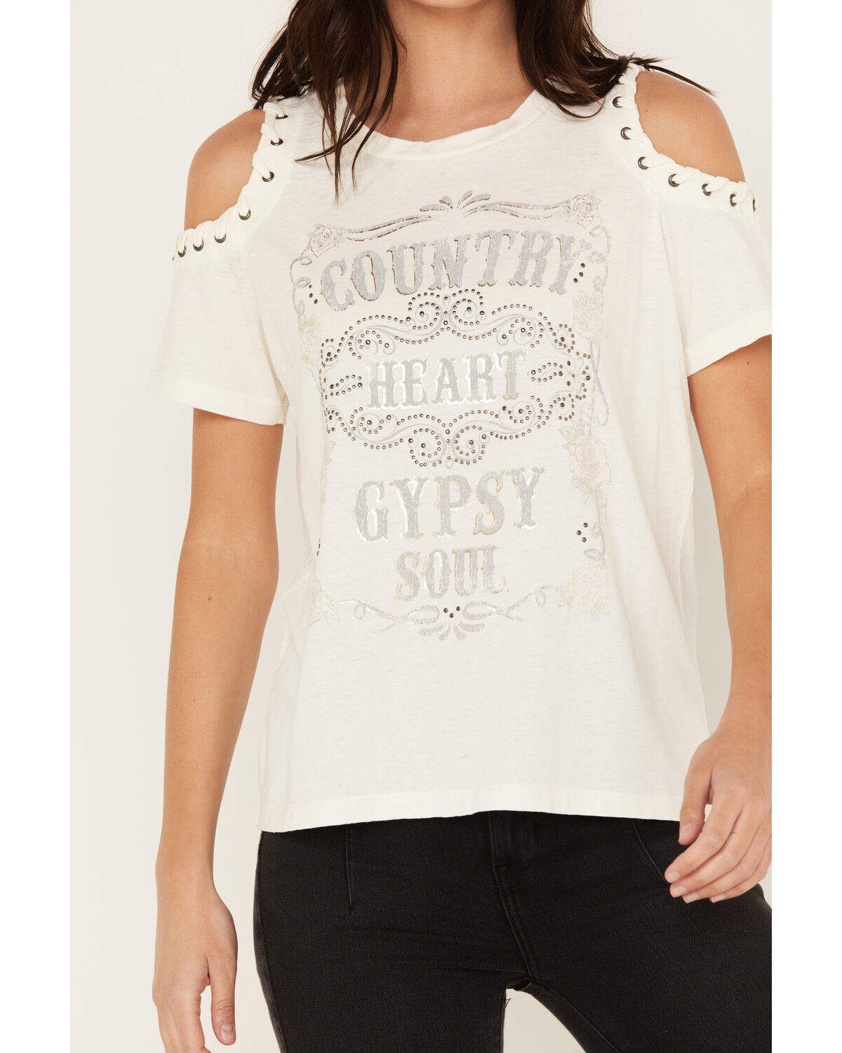 Image #3 - Blended Women's Cold Shoulder Country Heart Short Sleeve Graphic Tee, , hi-res