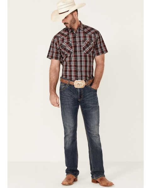 Image #2 - Rodeo Clothing Men's Red & Grey Plaid Short Sleeve Snap Western Shirt  , Red, hi-res