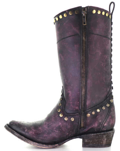 Corral Women's Distressed Zipper & Studs Western Boots - Round Toe, Wine, hi-res
