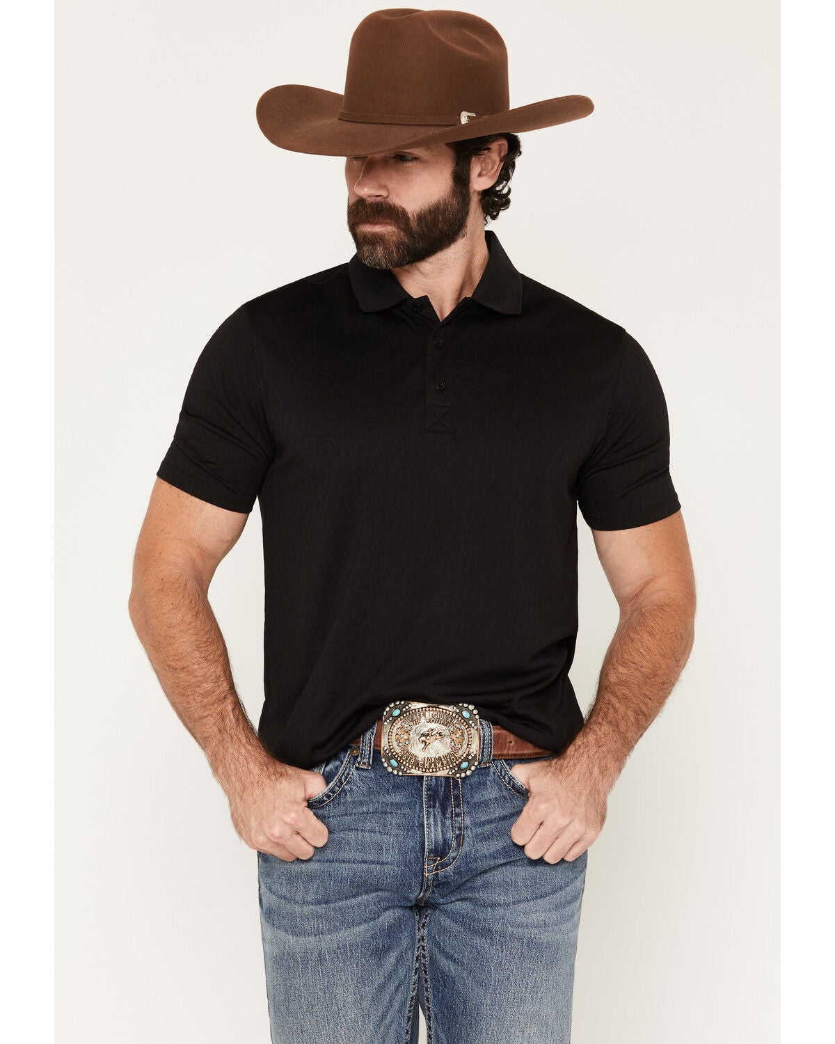 RANK 45&reg; Men's Wayne Solid Short Sleeve Button-Down Polo, Black, hi-res