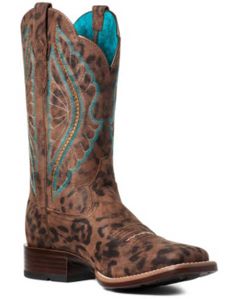 Image #1 - Ariat Women's Leopard Primetime Western Performance Boots - Broad Square Toe, Brown, hi-res