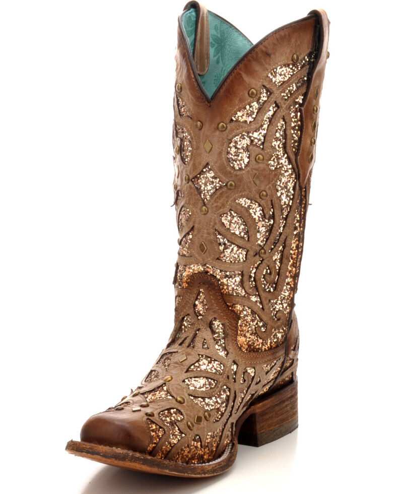 Corral Women's Orix Glitter Inlay & Studded Cowgirl Boots - Square Toe, Brown, hi-res
