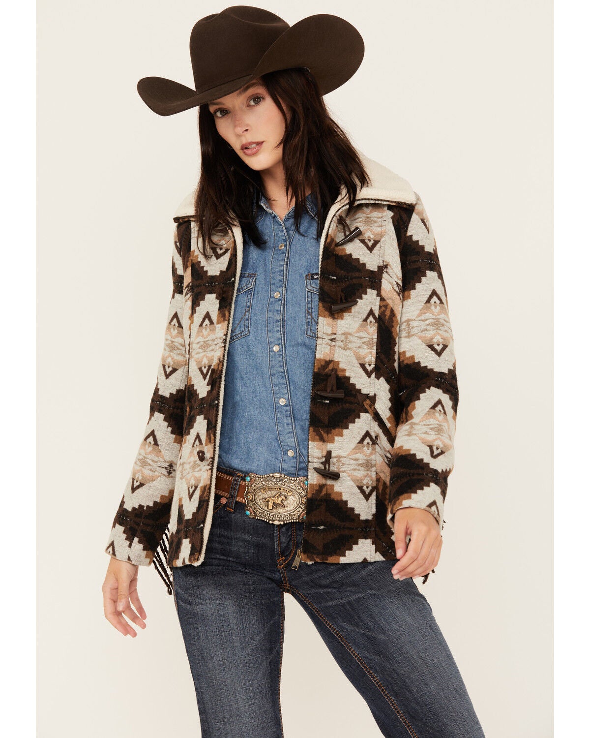 Powder River Outfitters Women's Southwestern Jacquard Fringe Coat, Brown, hi-res