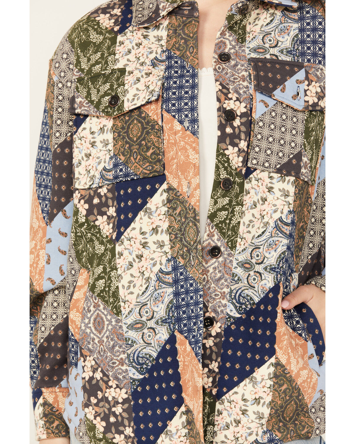 Image #3 - Cleo + Wolf Women's Patchwork Printed Shacket, Indigo, hi-res