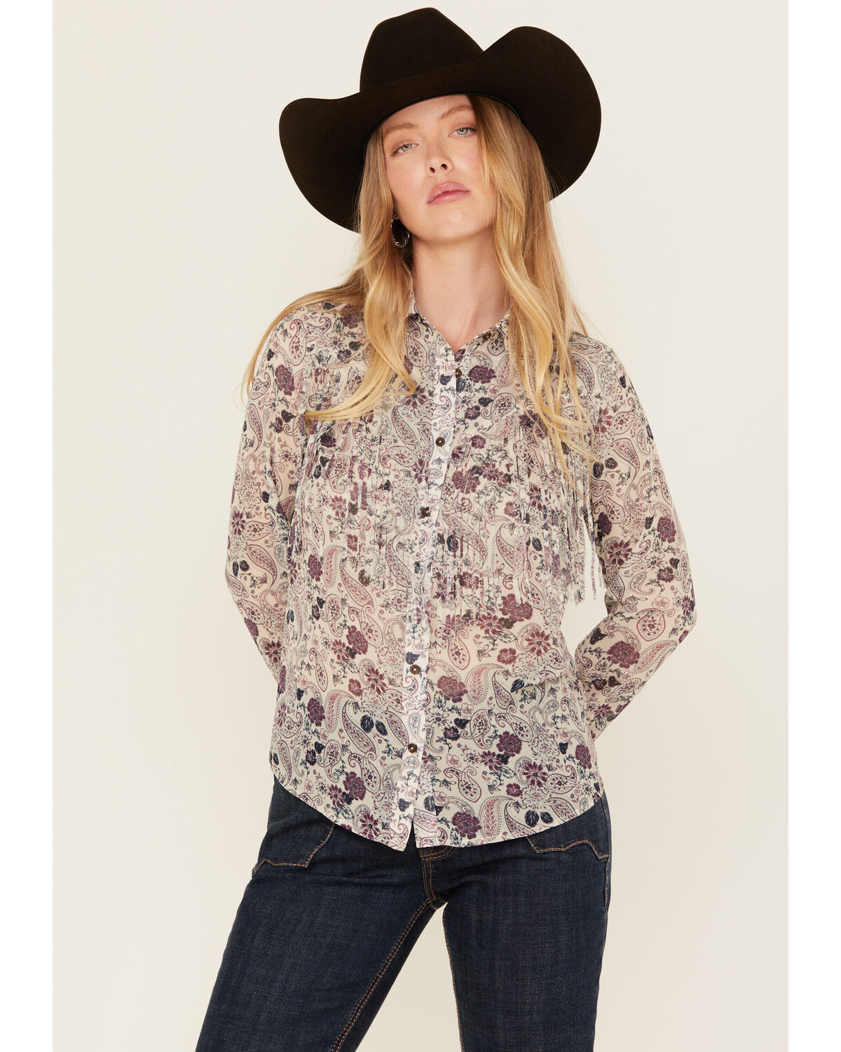 Image #1 - Shyanne Women's Printed Long Sleeve Fringe Button-Down Western Shirt, Natural, hi-res