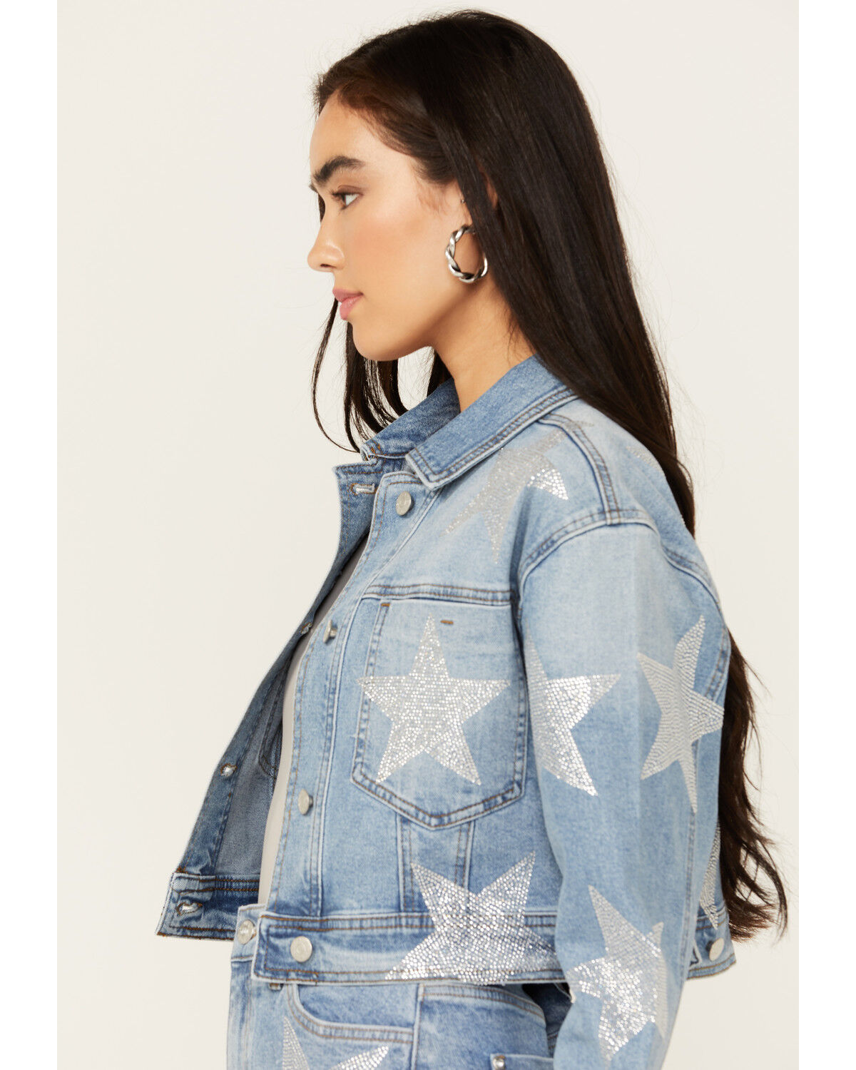 Image #2 - Vibrant Denim Women's Medium Wash Cropped Rhinestone Star Denim Jacket, Medium Wash, hi-res