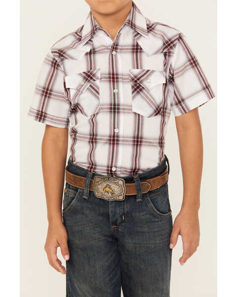 Image #3 - Ely Walker Boys' Textured Dobby Plaid Print Short Sleeve Pearl Snap Western Shirt, Burgundy, hi-res