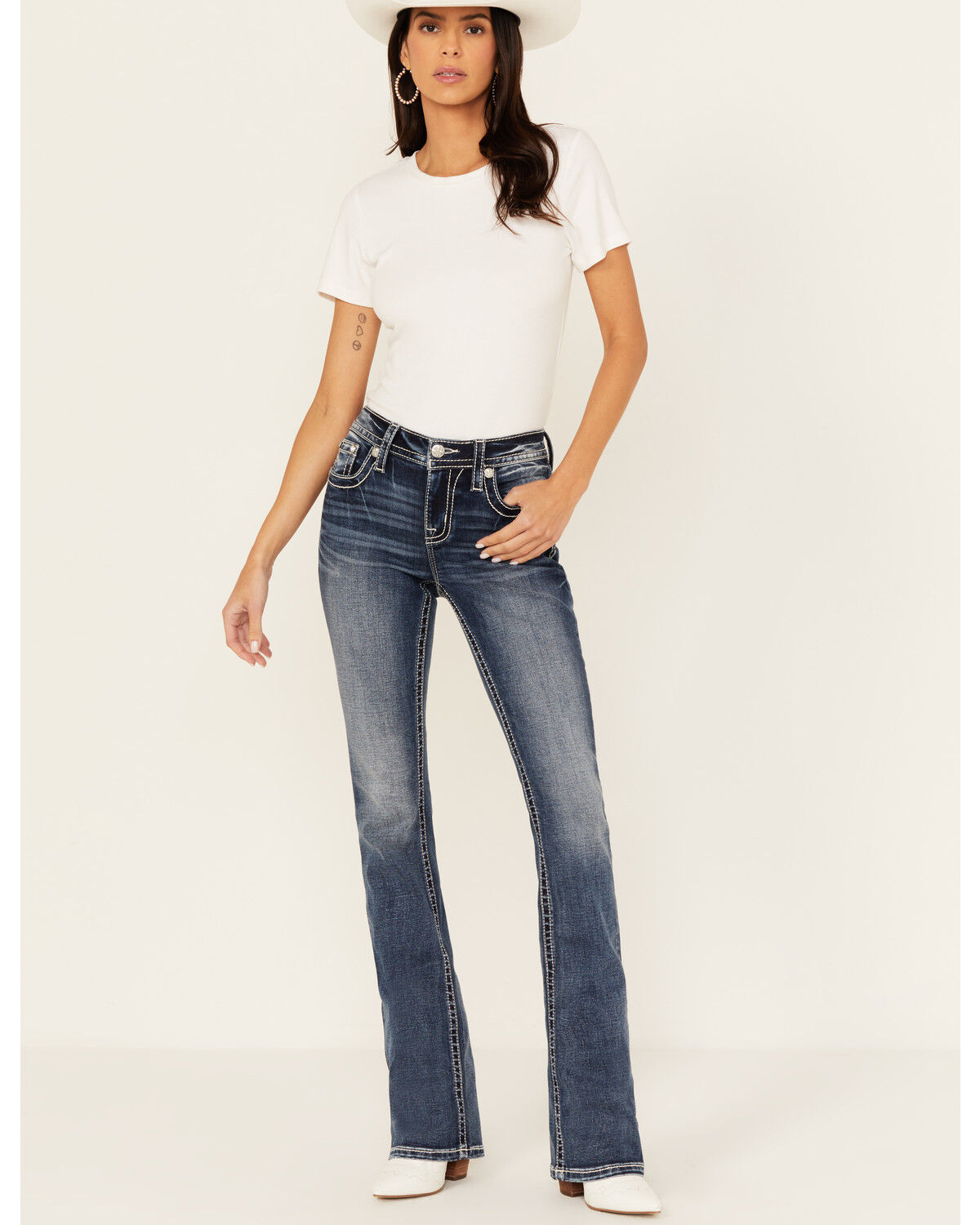 Image #3 - Miss Me Women's Dark Rise Mid Wash Geo Feather Pocket 34" Bootcut Stretched Denim Jeans, Dark Wash, hi-res
