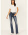 Image #3 - Miss Me Women's Dark Rise Mid Wash Geo Feather Pocket 34" Bootcut Stretched Denim Jeans, Dark Wash, hi-res
