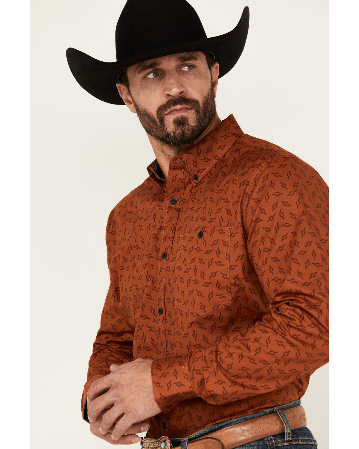 Image #2 - RANK 45® Men's Rough Neck Geo Print Long Sleeve Button-Down Stretch Western Shirt, Rust, hi-res