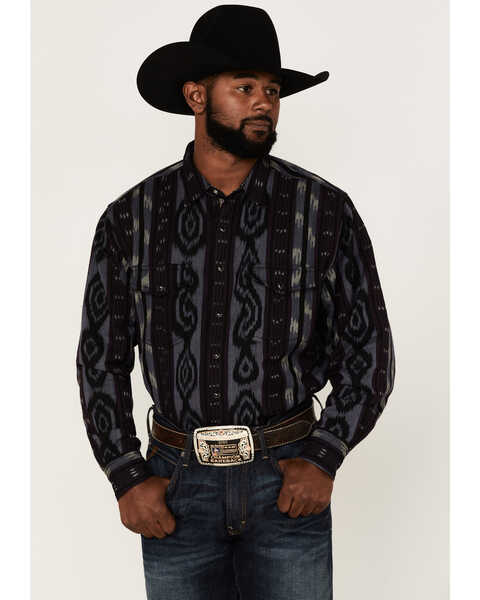 Scully Men's Jacquard Southwestern Stripe Snap Western Shirt , Blue, hi-res