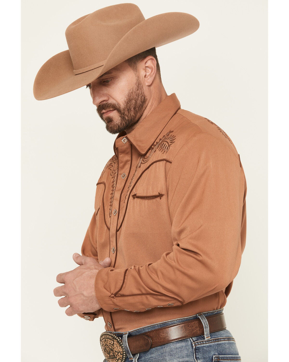 Image #2 - Scully Men's Embroidered Long Sleeve Snap Western Shirt, Brown, hi-res