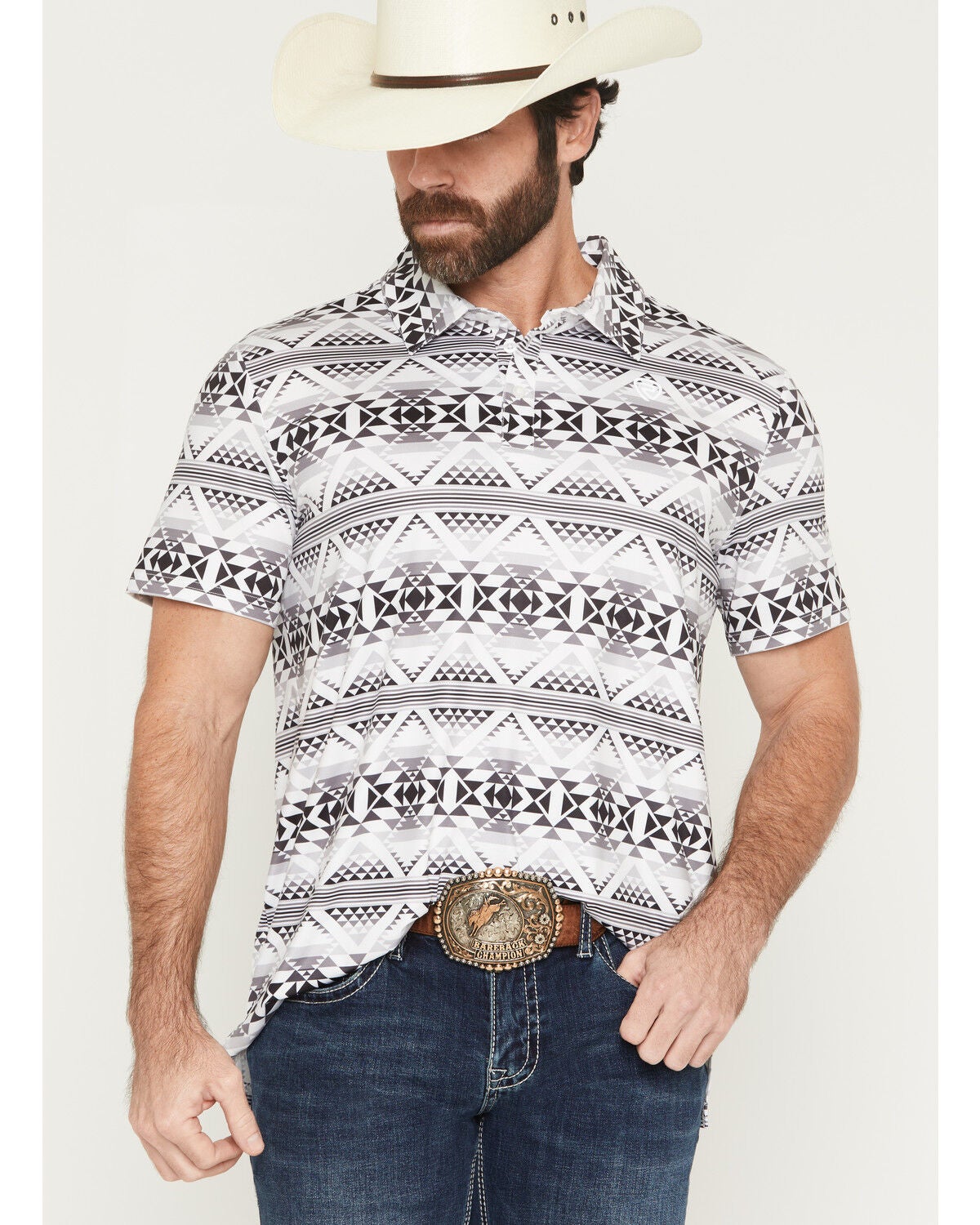 Rock & Roll Denim Men's Southwestern Print Short Sleeve Button-Down Polo, White, hi-res