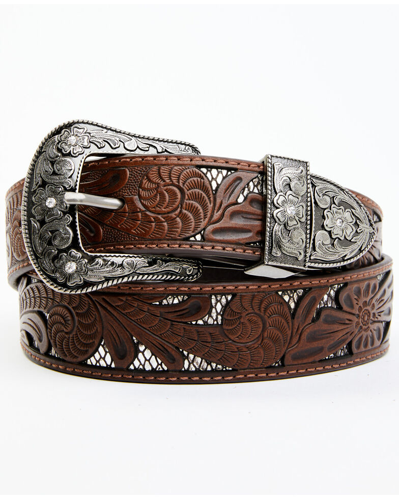 Shyanne Women's Brown Tooled Floral Cut Out Underlay Western Belt , Brown, hi-res