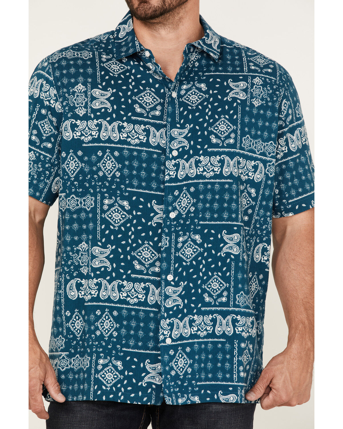 Image #3 - Gibson Men's Holler Bandana Print Short Sleeve Button-Down Western Shirt, Blue, hi-res
