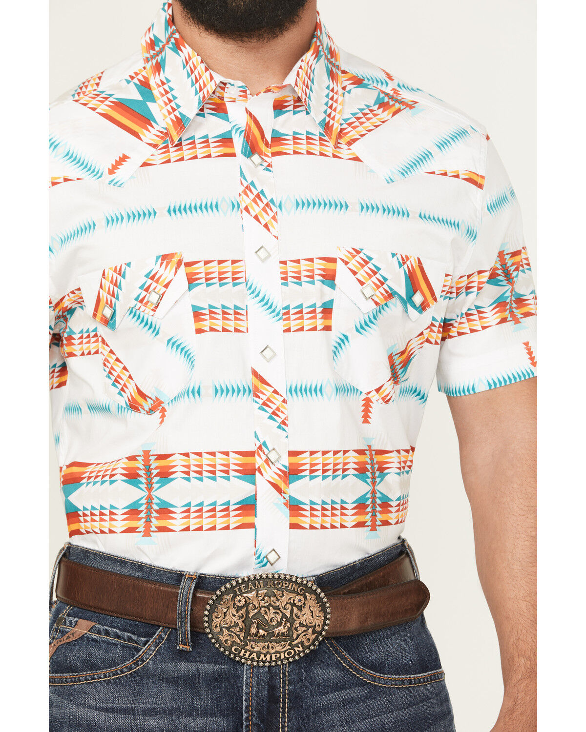 Image #3 - Rock & Roll Denim Men's Southwestern Print Short Sleeve Snap Stretch Western Shirt, White, hi-res
