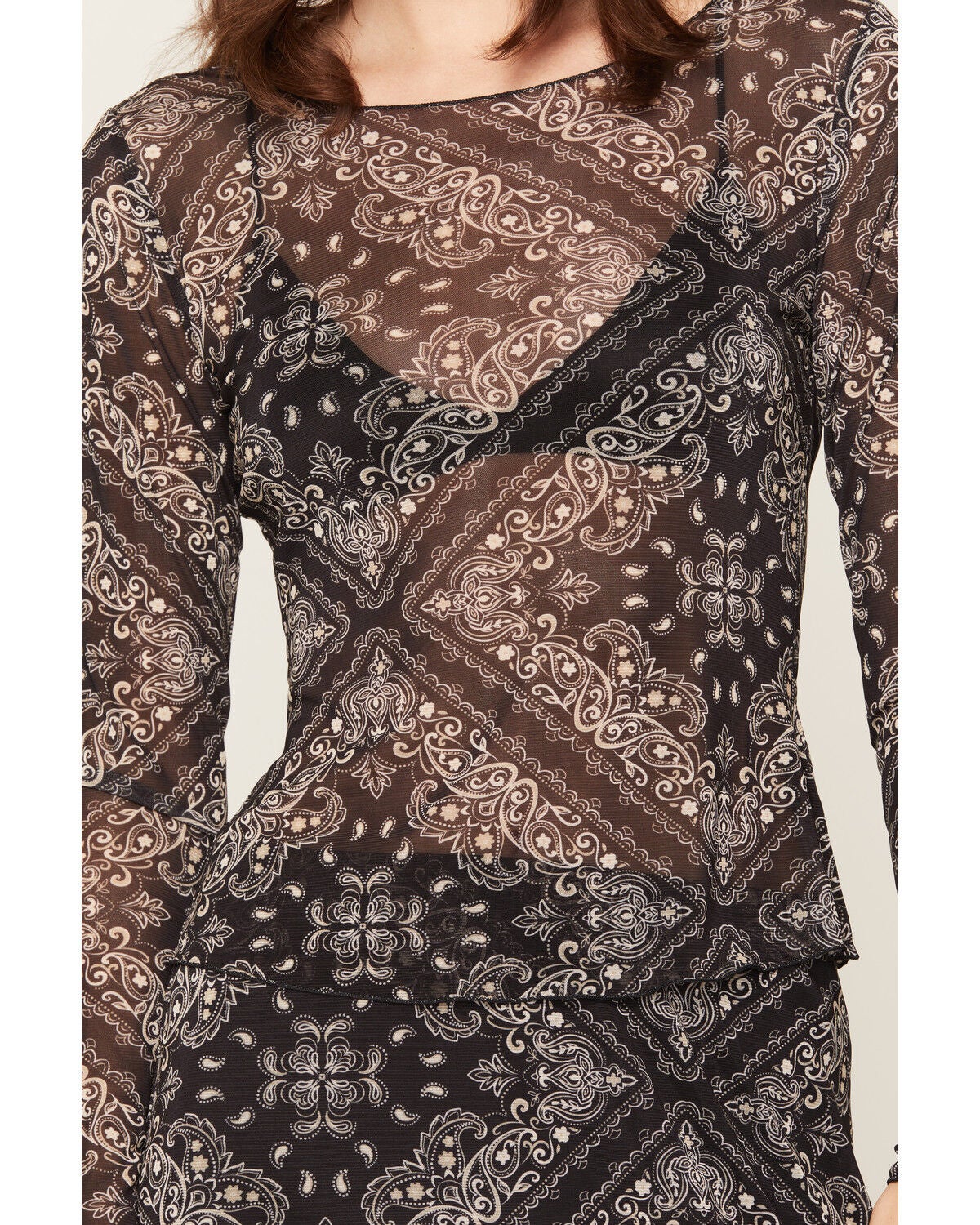 Image #3 - Idyllwind Women's Bandana Print Long Sleeve Mesh Top, Black, hi-res