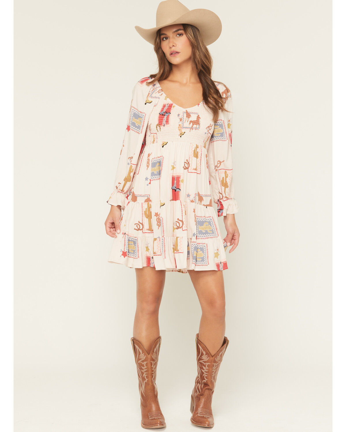 Image #1 - Blue B Women's Western Print Long Sleeve Mini Dress, Light Pink, hi-res