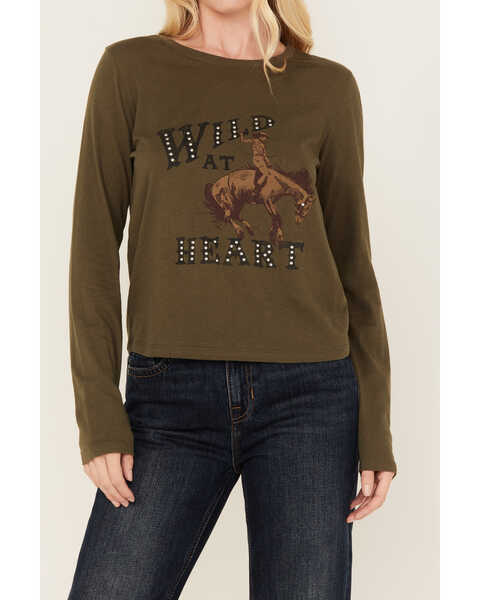 Image #3 - White Crow Women's Wild Heart Studded Long Sleeve Graphic Tee, Olive, hi-res