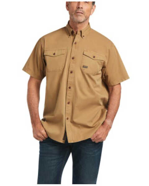 Ariat Men's Solid Rebar Washed Twill Short Sleeve Button Down Work Shirt , Beige/khaki, hi-res