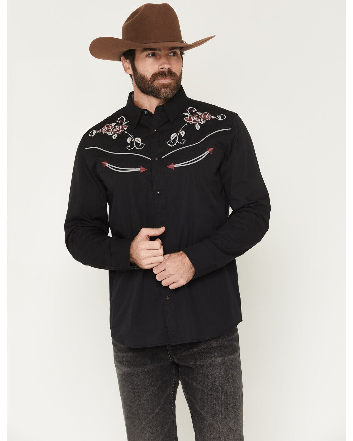 Image #1 - Moonshine Spirit&reg; Men's Posse Embroidered Long Sleeve Snap Western Shirt, Black, hi-res