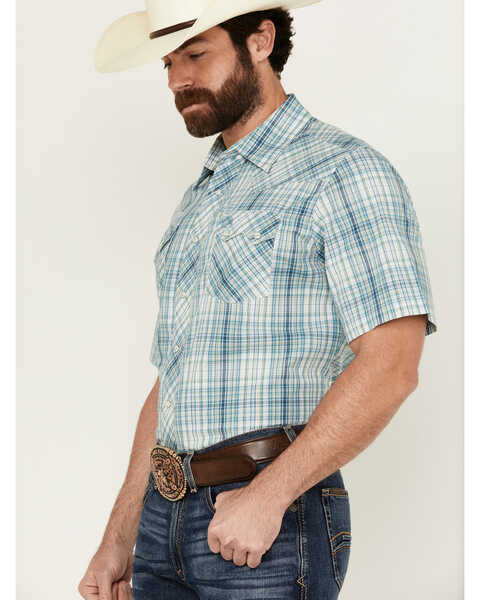 Image #2 - Wrangler Retro Men's Plaid Print Short Sleeve Pearl Snap Western Shirt - Tall , Teal, hi-res