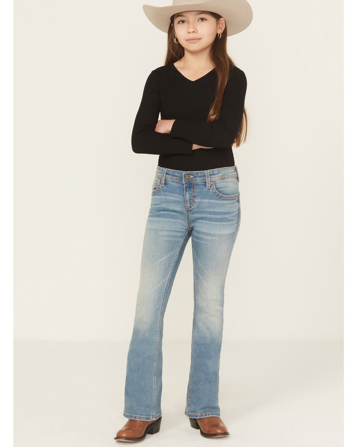 Shyanne Little Girls' Shayla Medium Wash Bootcut Stretch Denim Riding Jeans, Medium Wash, hi-res