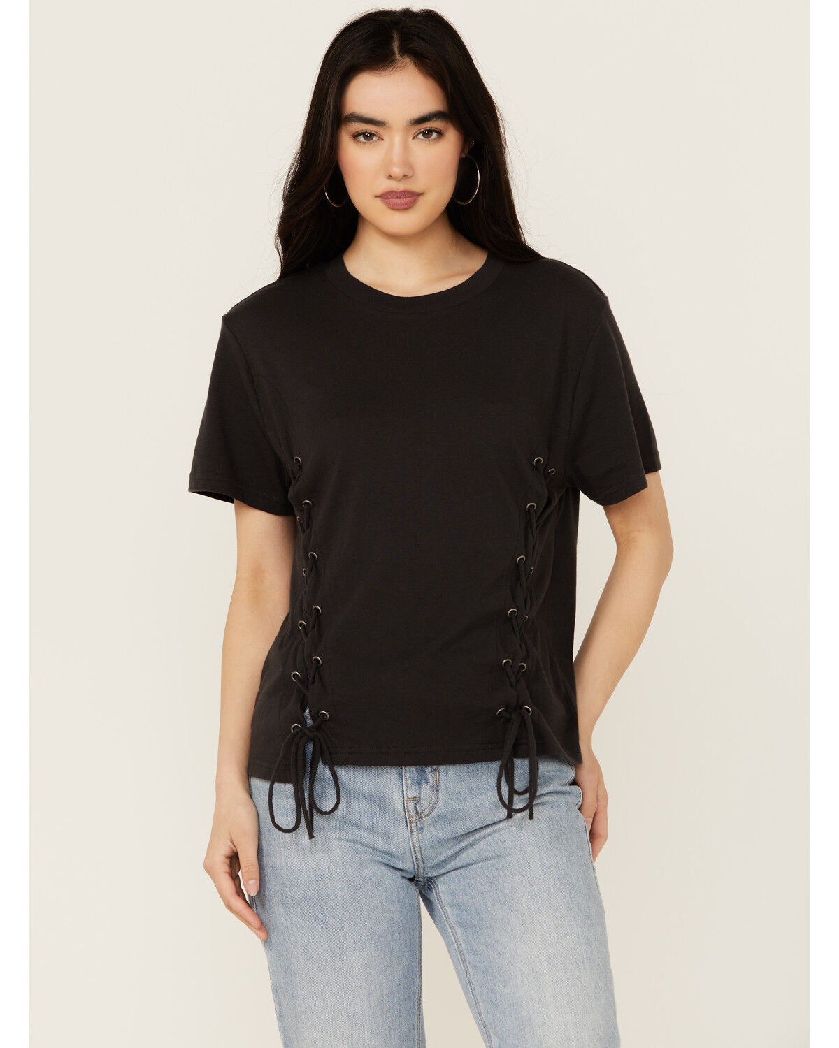 Blended Women's Side Grommet Short Sleeve Tee, Black, hi-res