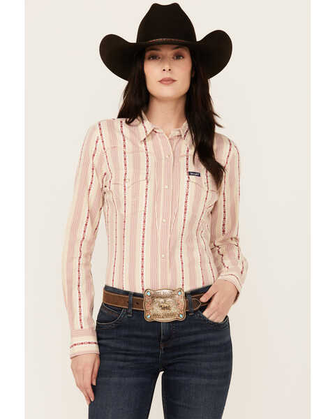 Wrangler Retro Women's Serape Striped Print Long Sleeve Pearl Snap Western Shirt , Ivory, hi-res
